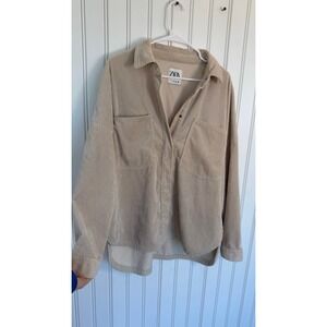 Zara jacket corduroy velvet shacket button down pocket oversized sweater chic